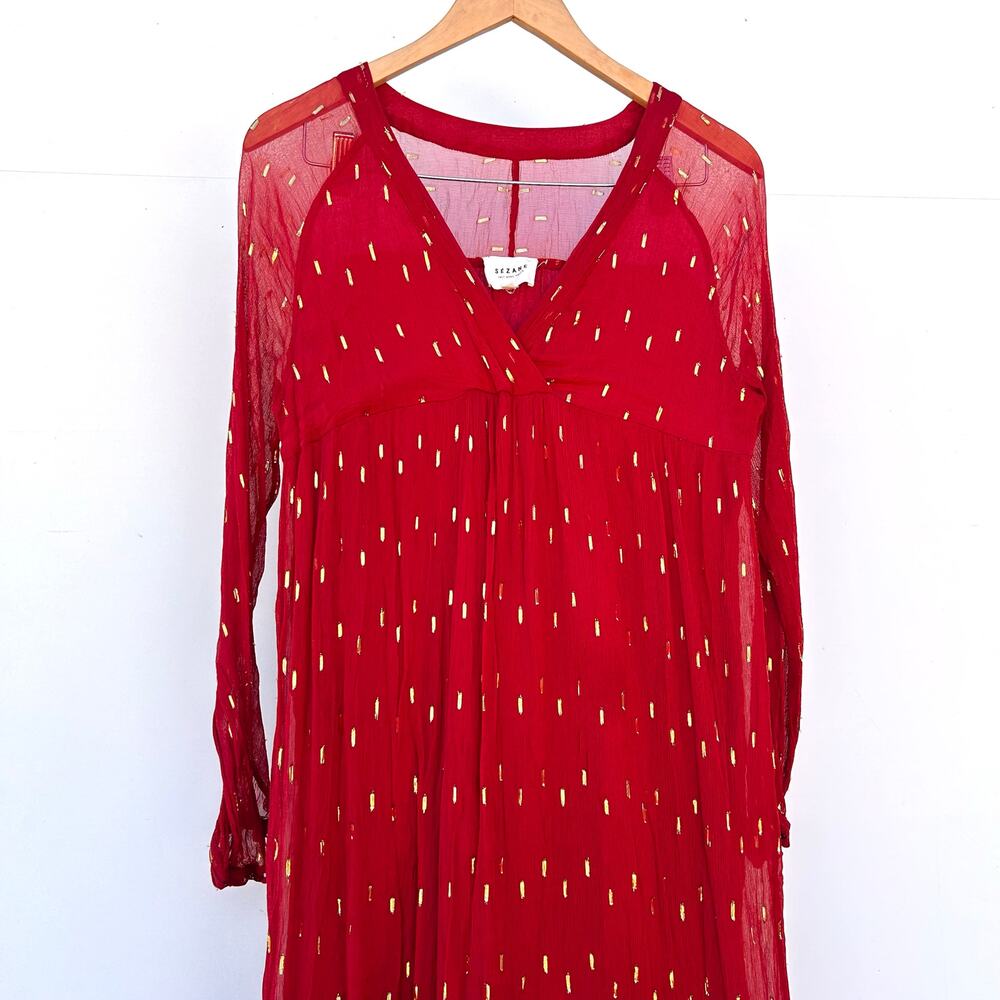 Sezane Celeste Maxi Dress Long Sleeve Red Sheer Bohemian Boho 36 Size 4 - Picture 6 of 10